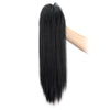 Long, straight black hair extension being held by a hand.
