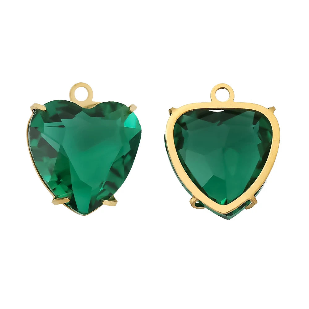 A pair of heart-shaped green crystal pendants set in gold-toned stainless steel.