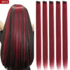 Five pieces of long straight synthetic hair extensions in a dark black with vibrant red ombre color.