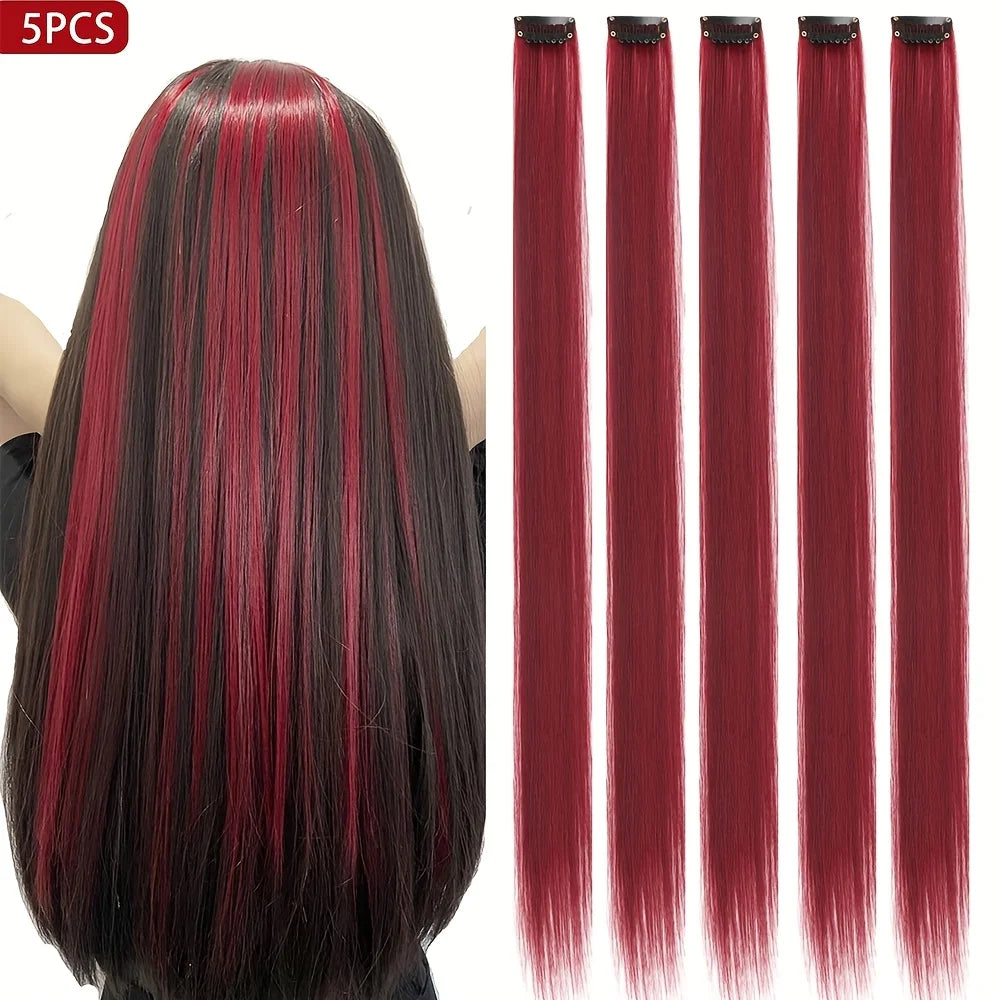 Five pieces of long straight synthetic hair extensions in a dark black with vibrant red ombre color.