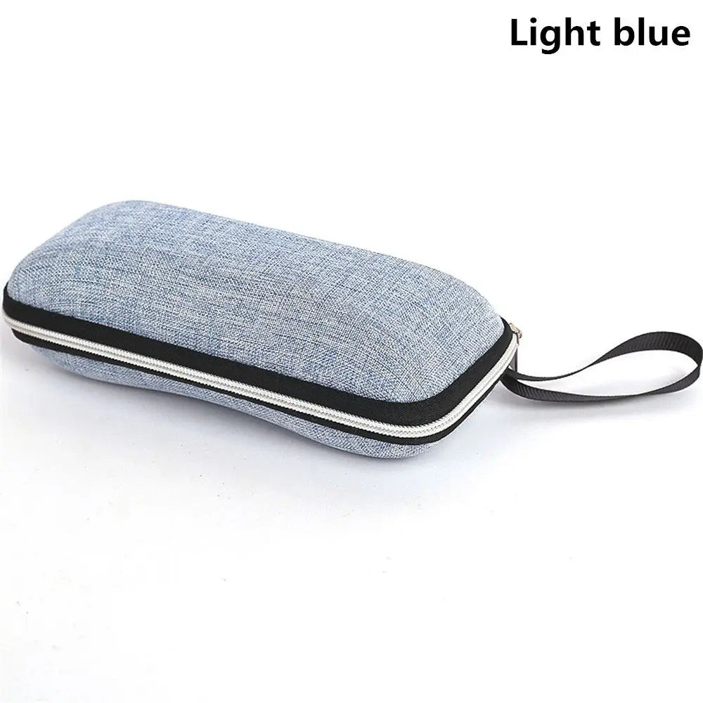 Light blue anti-blue light metal eyewear with a black trim and strap.