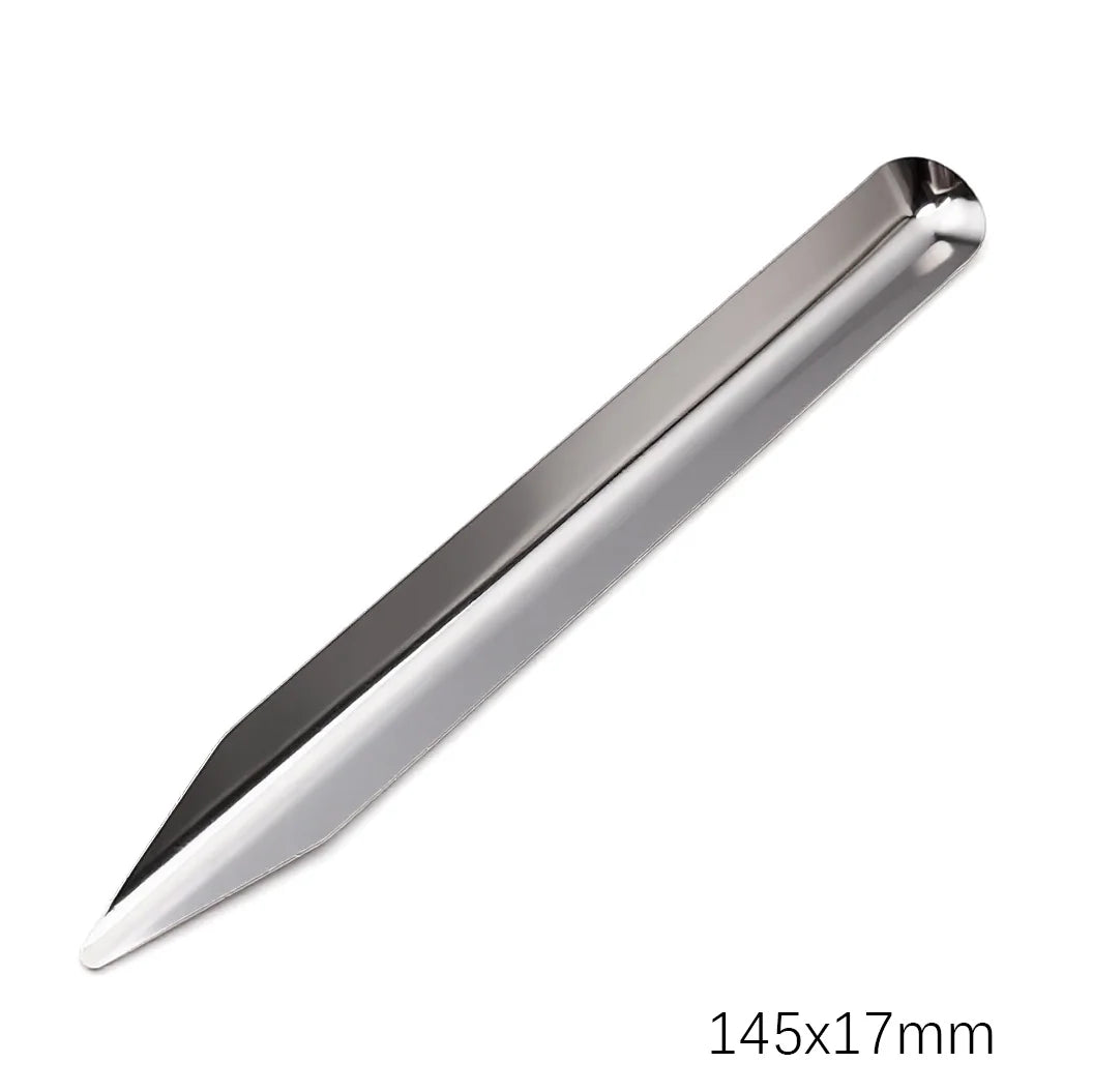 A silver stainless steel bead shove tool with a pointed tip shown in profile.