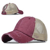 A maroon and beige vintage mesh baseball cap shown in two views.