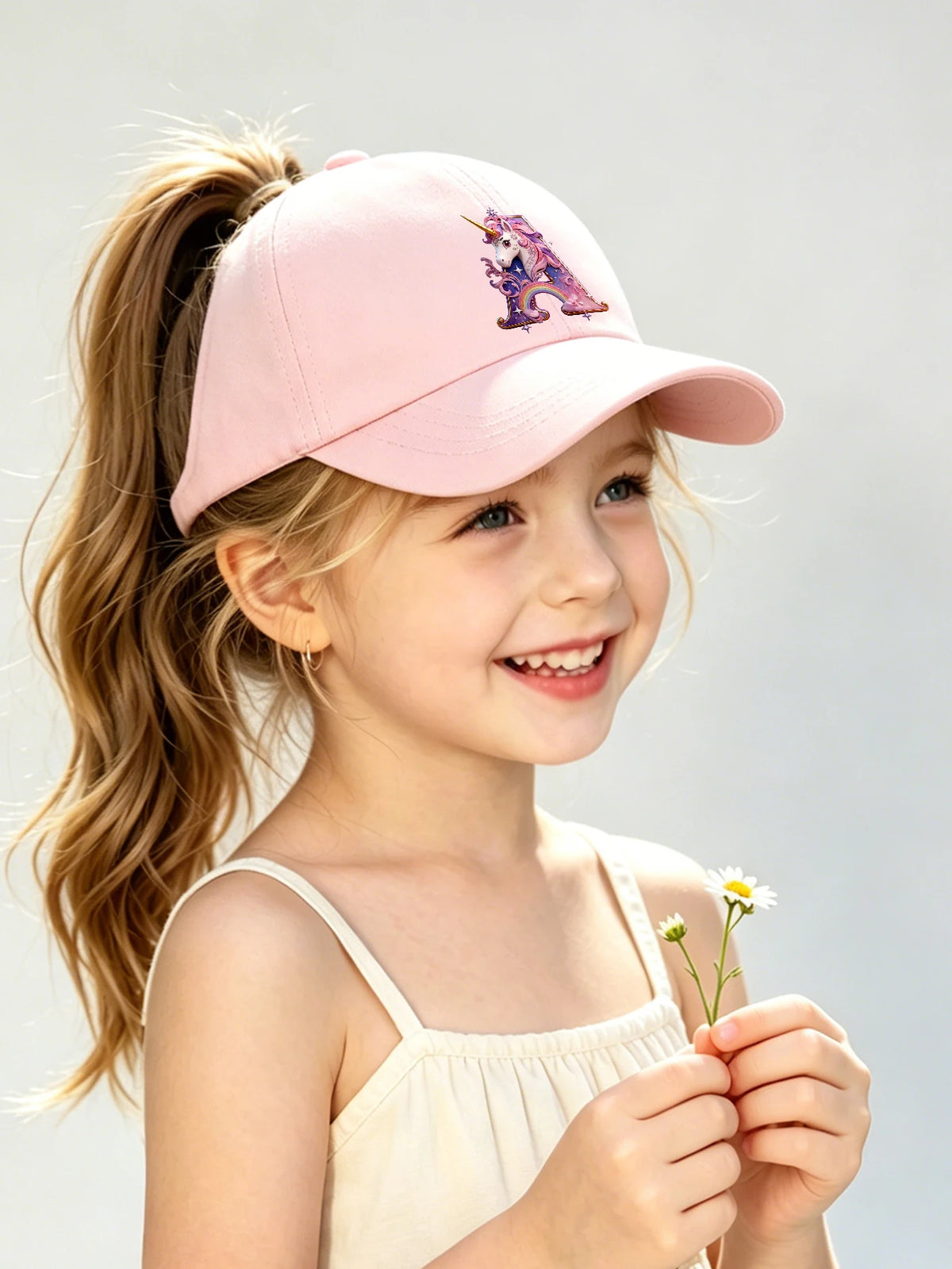 A smiling young girl wearing a pink unicorn baseball cap with a purple design and a light-colored top.