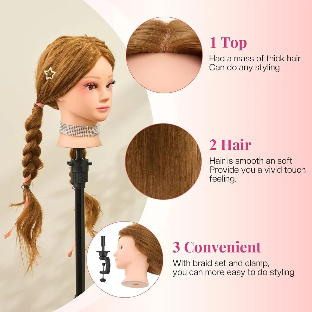 A display of professional cosmetology practice mannequin heads showing various hair styles and features.