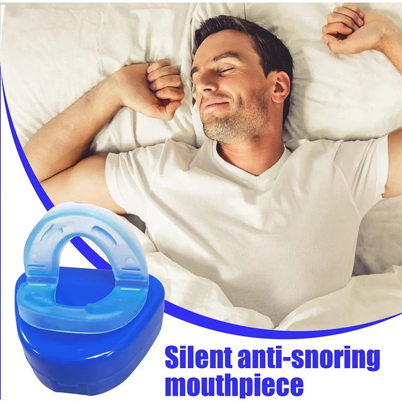 A man is sleeping with a blue anti-snoring mouthpiece placed in his mouth.