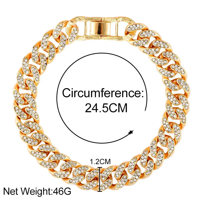 Gold crystal Cuban link anklet bracelet with a clasp and a measurement line showing 24.5cm circumference.
