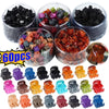 A set of adjustable hair claw clips in various colors including black, purple, orange, and green.