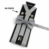 A set of gray polyester suspenders with bow ties displayed on a black card.