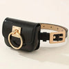 Black PU leather belt bag with a gold-tone metal buckle and tan leather strap.