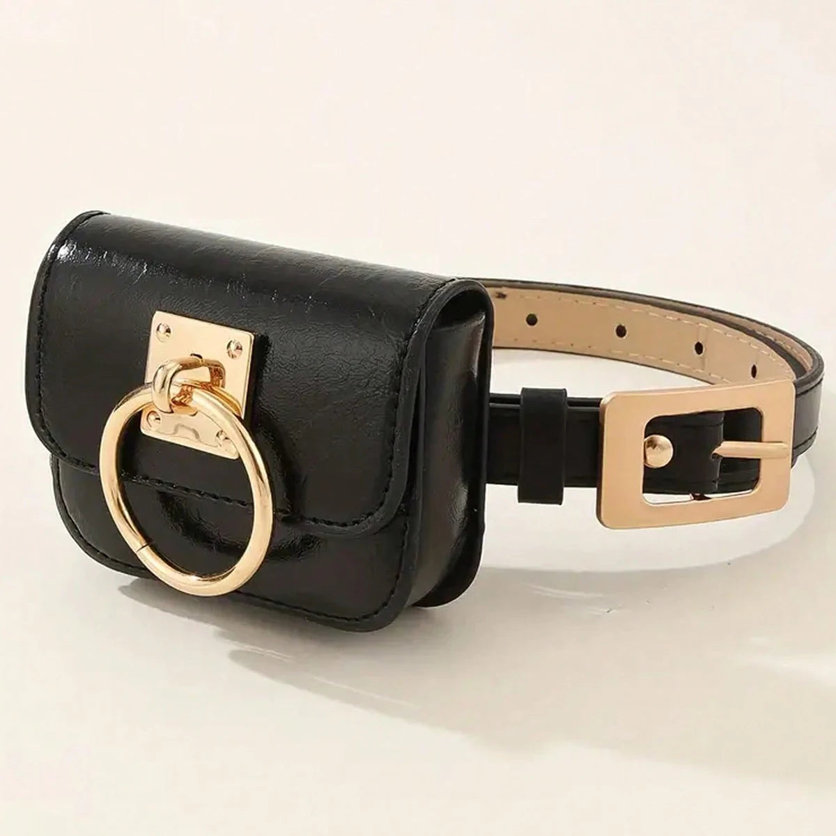 Black PU leather belt bag with a gold-tone metal buckle and tan leather strap.