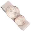 A beige elastic waist belt featuring two round, textured gold metallic embellishments.