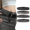 A collection of black leather goth punk belts featuring various designs with bullet studs and metal hardware.
