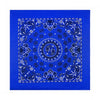 A vibrant blue fabric with intricate white paisley and floral patterns printed on it.