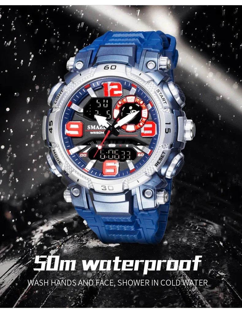 A blue digital wristwatch with a metal band and sapphire glass is shown against a dark background.