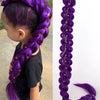 Purple braided hair ponytail with tinsel extensions shown in a close-up and full length view.