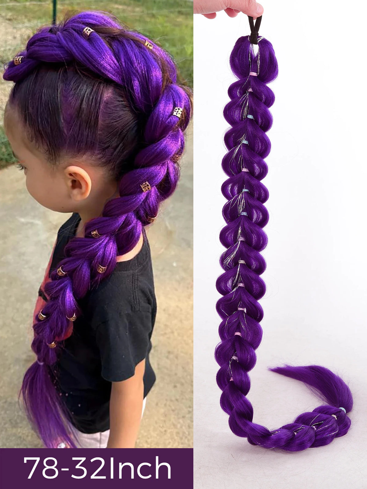 Purple braided hair ponytail with tinsel extensions shown in a close-up and full length view.