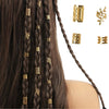 Close-up of dark brown hair braided with gold hollow rings and decorative hair accessories.