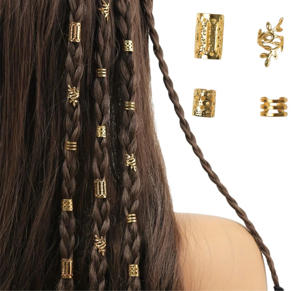 Close-up of dark brown hair braided with gold hollow rings and decorative hair accessories.