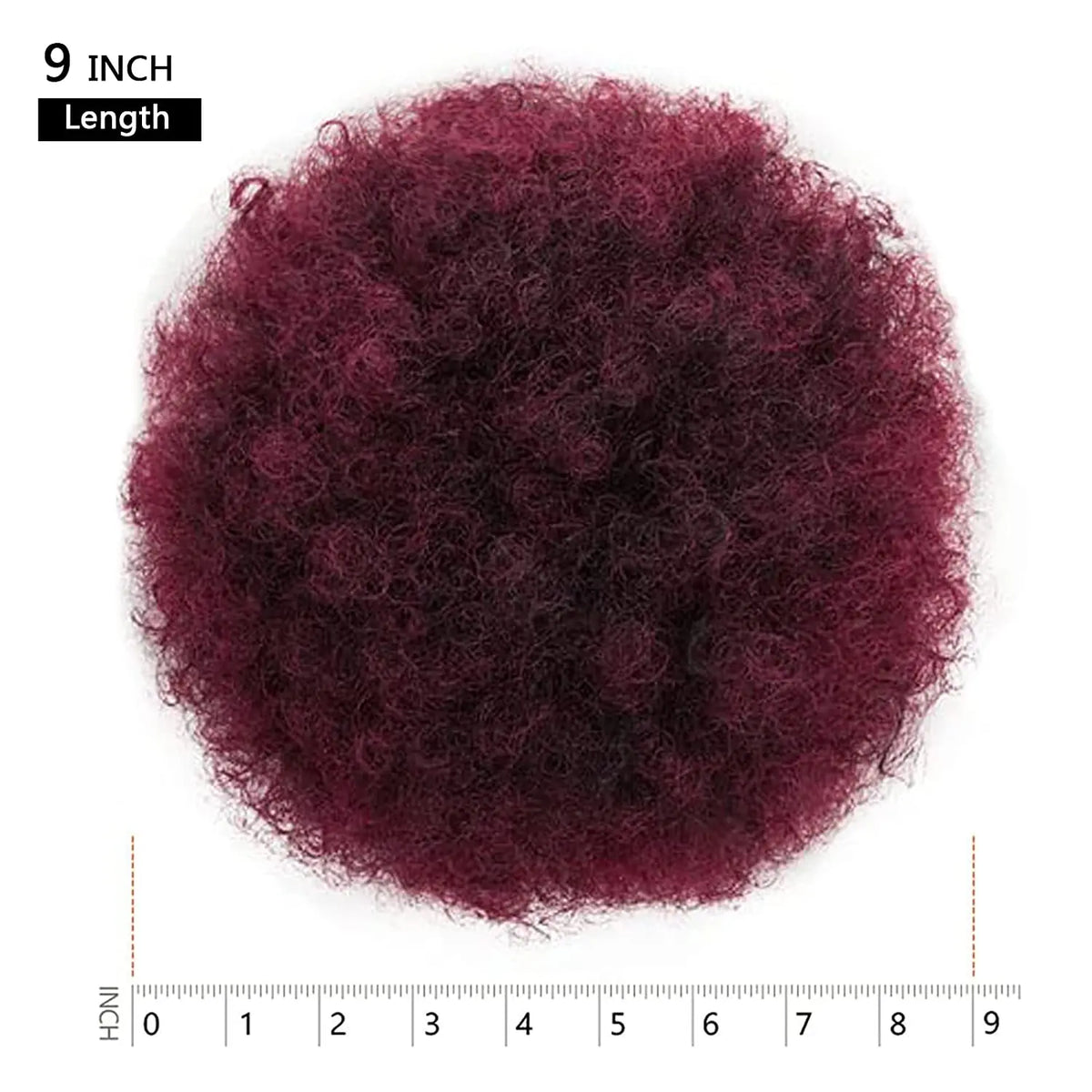 A circular display of dark magenta kinky drawstring ponytail hair extension with a 9 inch length marker.