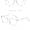 Clear square eyeglasses shown from the front and side views