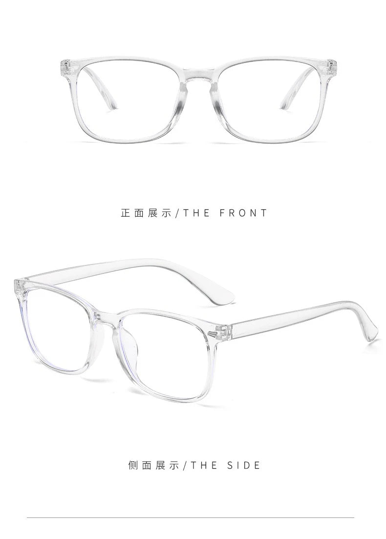 Clear square eyeglasses shown from the front and side views