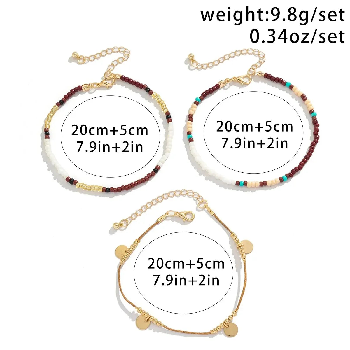 Set of three bohemian sequin rice bead anklets in gold and earth tones