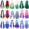 A collection of synthetic hair wigs in various rainbow ombre colors and styles.