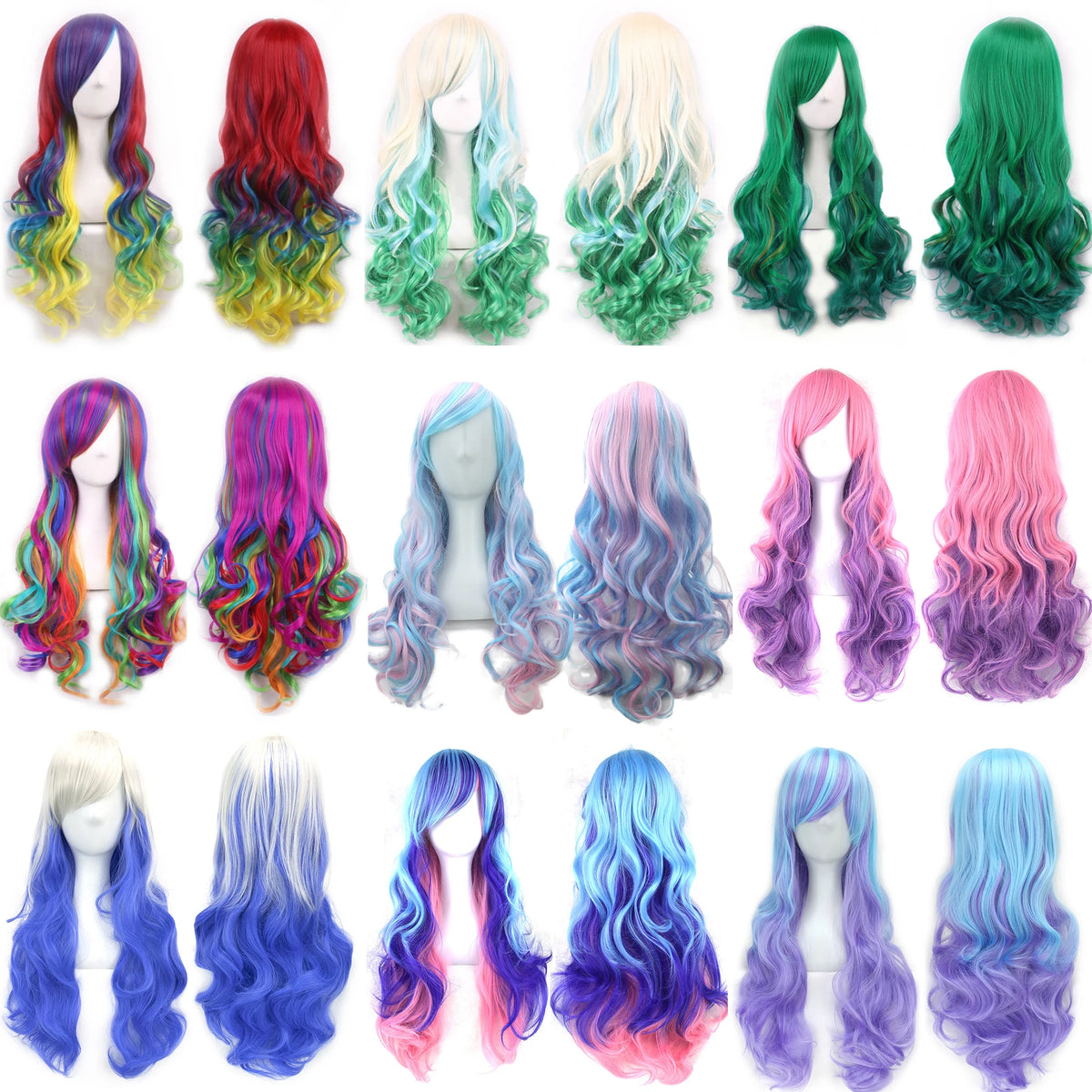A collection of synthetic hair wigs in various rainbow ombre colors and styles.