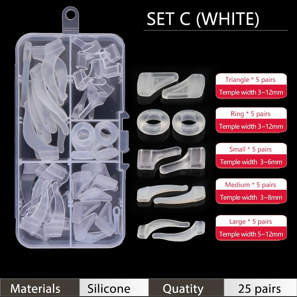 Set C white silicone ear grip hooks for glasses and sunglasses in various sizes