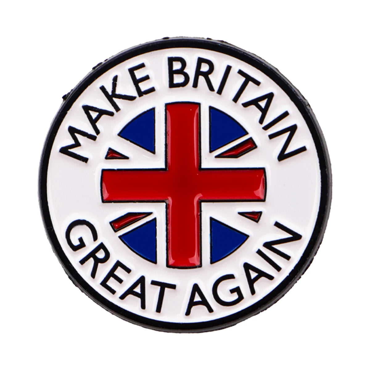 Vintage enamel pin brooch featuring the text MAKE BRITAIN GREAT AGAIN in red and blue colors.