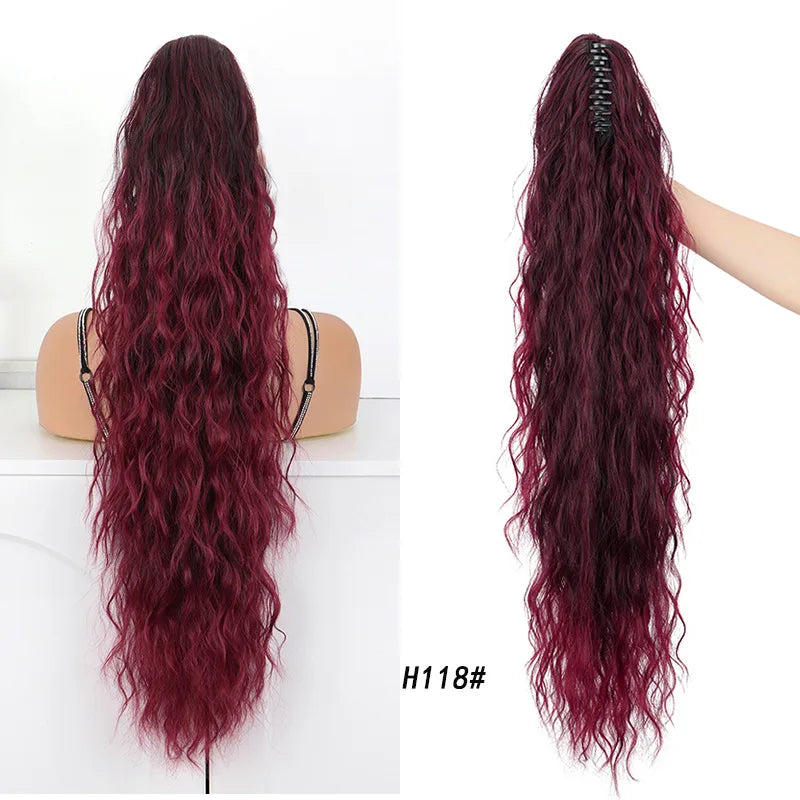 Long, deep burgundy synthetic hair in a wavy style, shown in a ponytail on a mannequin.