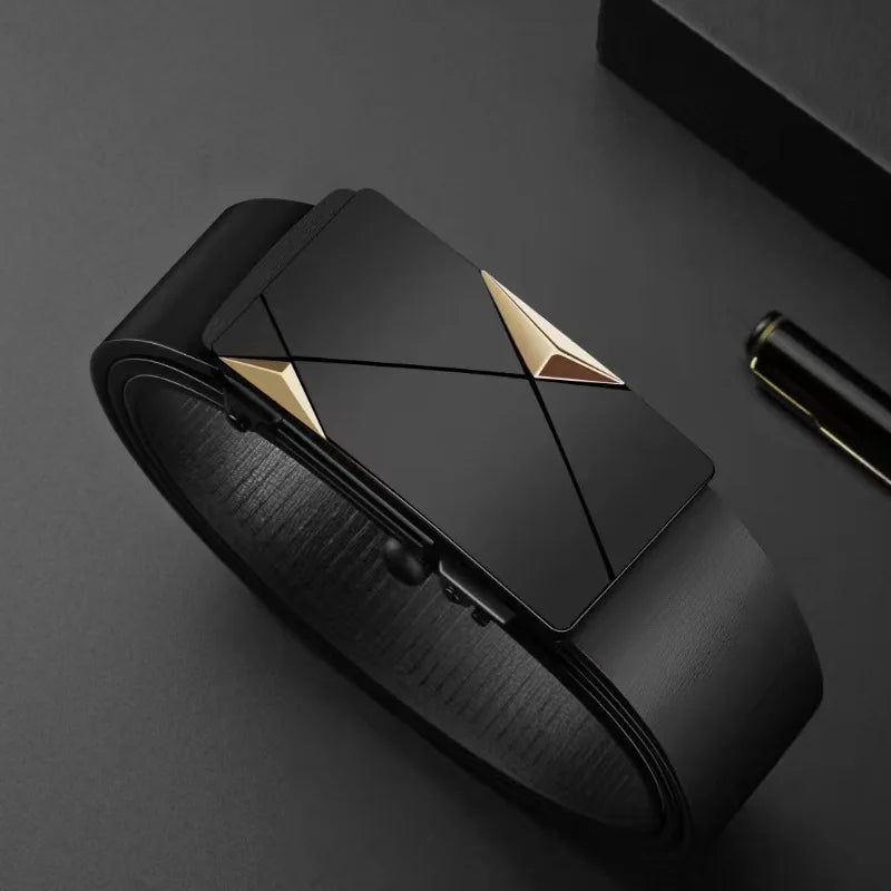 A close-up of a black men's automatic buckle casual belt with gold accents, shown on a dark surface.