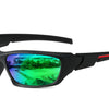 Black sporty sunglasses with vibrant green and blue mirrored lenses and a black frame.