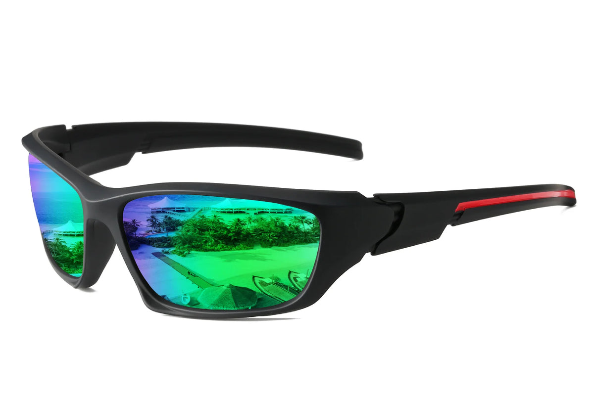 Black sporty sunglasses with vibrant green and blue mirrored lenses and a black frame.