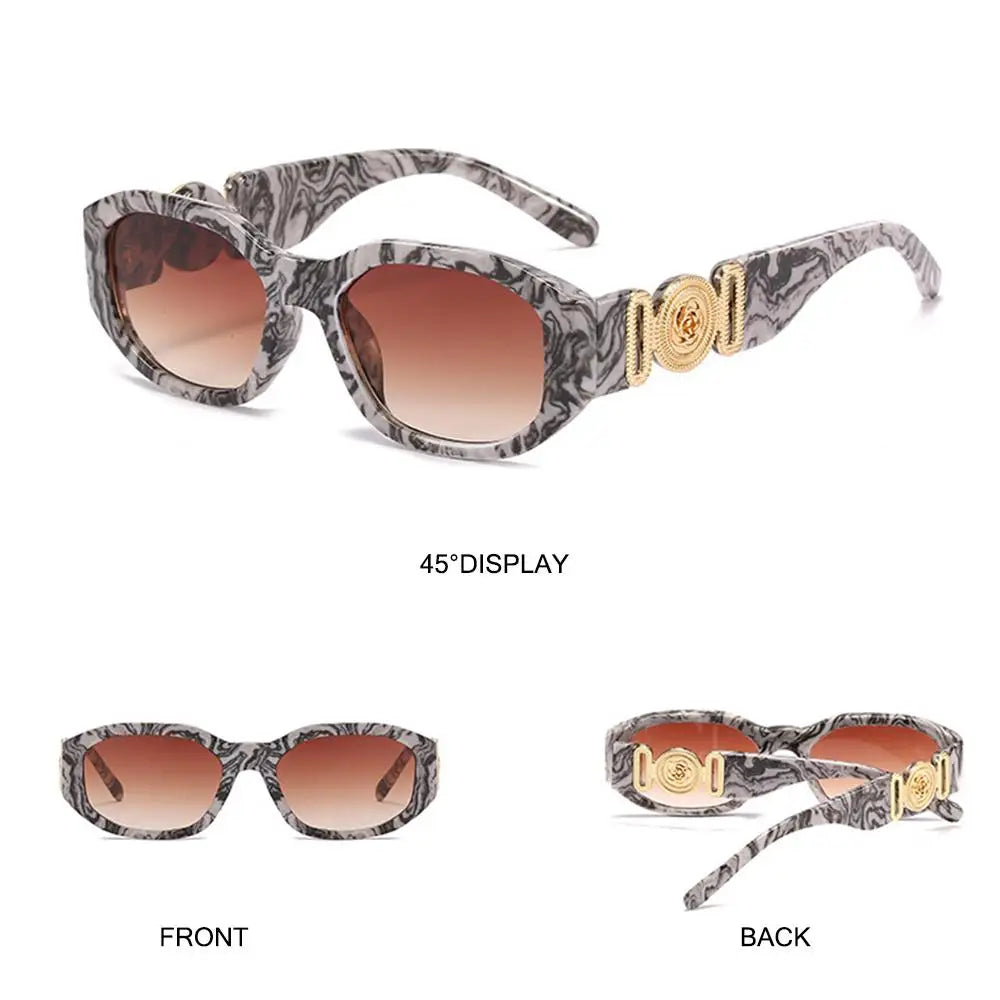 Gray and black patterned sunglasses with gold metal detail, shown from the front and back.