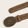 A vintage brown PU leather boho western belt with a decorative embossed buckle.