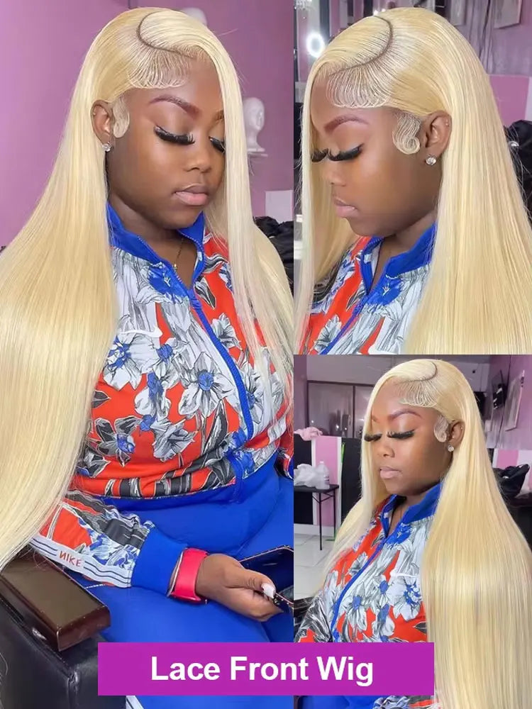 A model wearing a blonde straight HD lace front wig with an orange and blue floral patterned shirt.