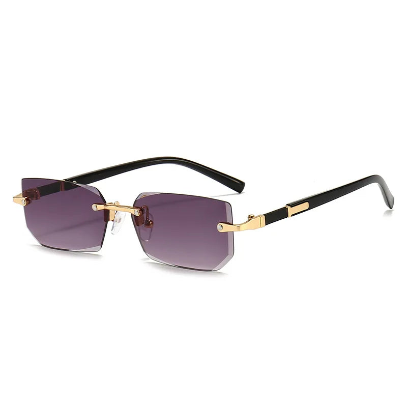 Rimless rectangle sunglasses with dark purple lenses and black frames