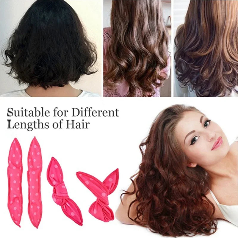 A set of 10 flexible hair curling rollers in pink and brown shades shown alongside finished wavy hair.