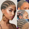 Gros plan du visage d'une femme montrant une pose et un styling de perruque lace front naturelle en cheveux HD.