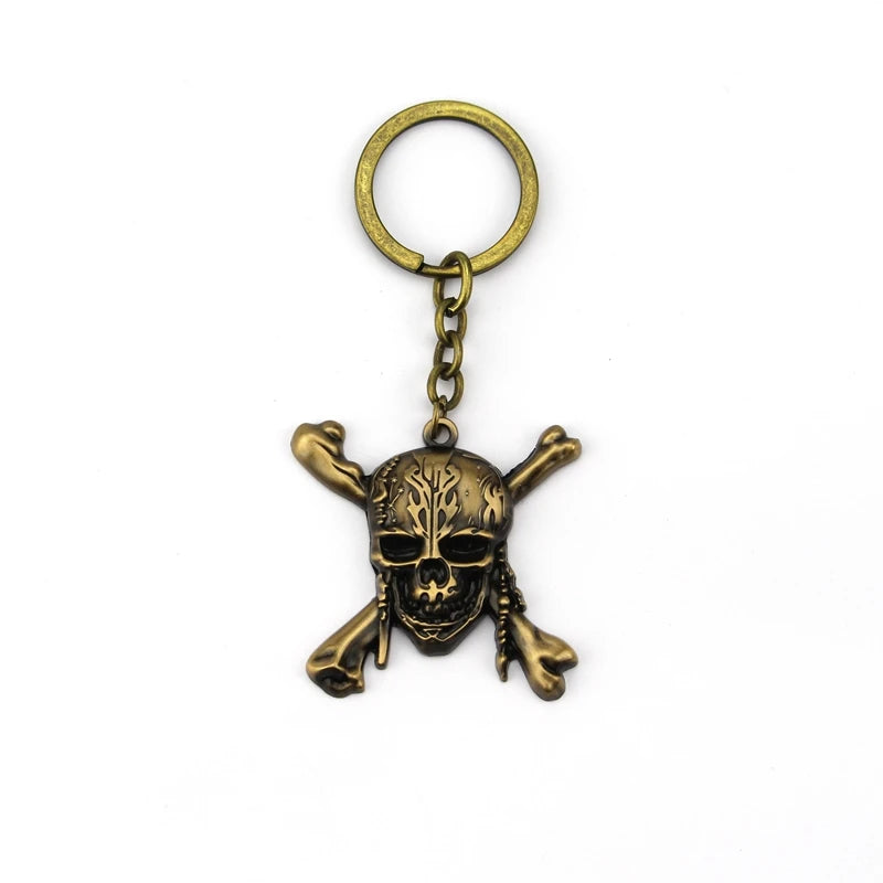 A gold-toned skull pendant necklace with a circular loop and hanging chain.