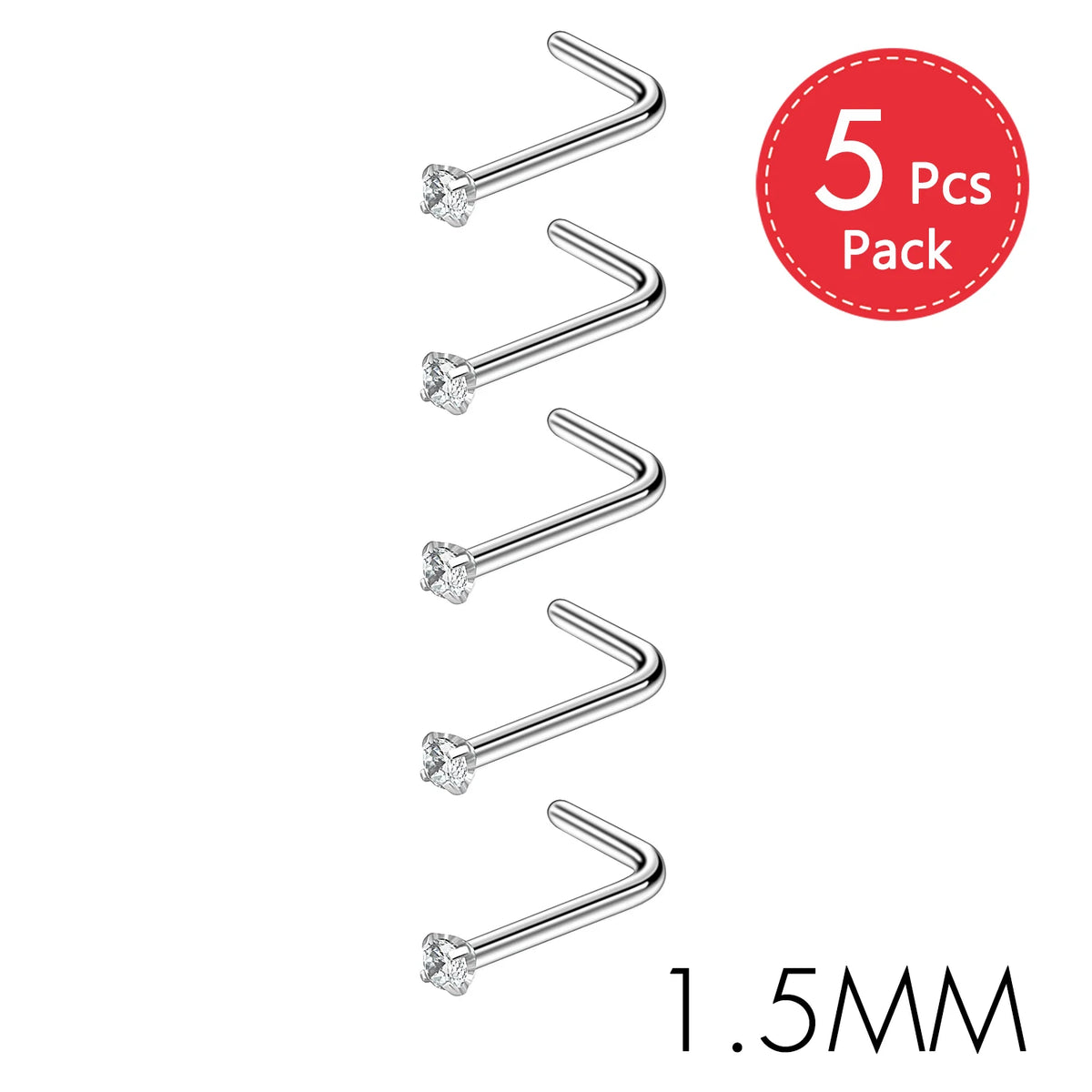 Five pieces of stainless steel nostril studs with a crystal and gold finish, 1.5mm long.