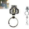 Silver and gold letter I pendant on a silver ring with a leather strap keychain.