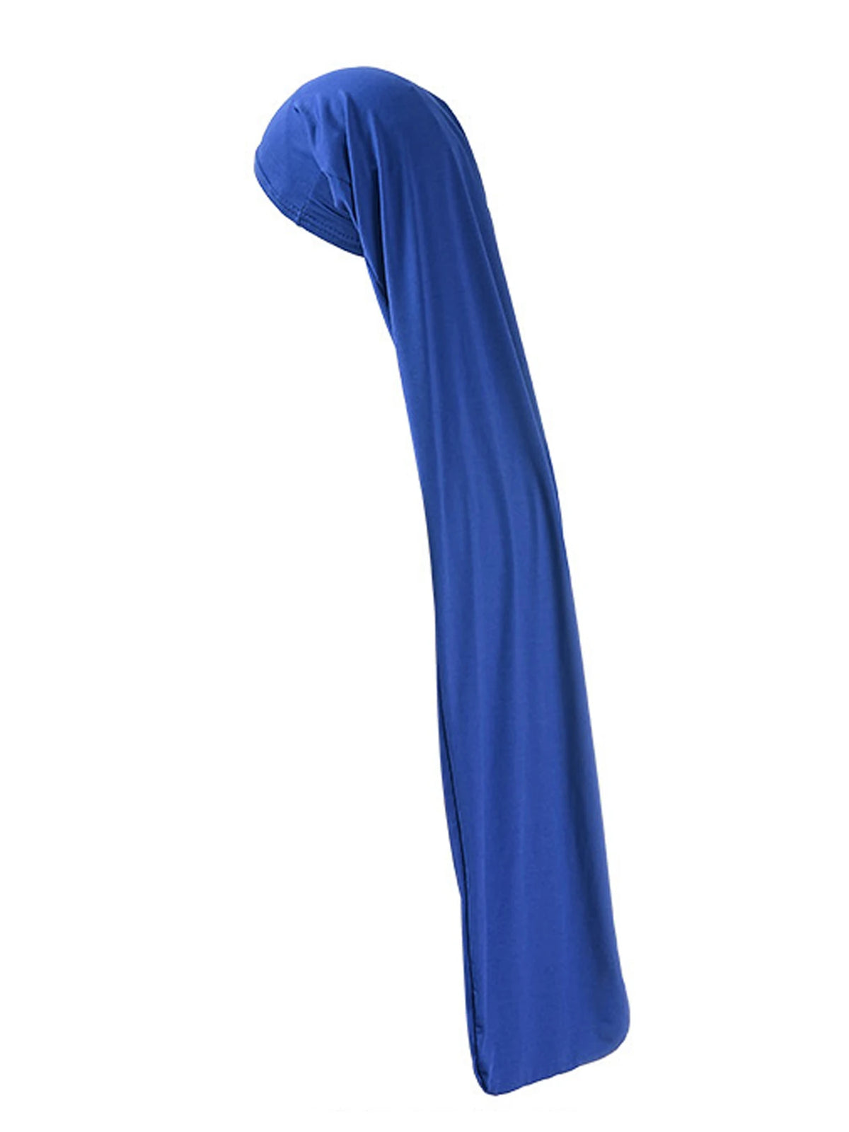 A long, royal blue soft knit hair wrap or cap for sleeping and protection.