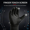 A black finger touch screen glove is shown against a dark background with technical grid patterns.