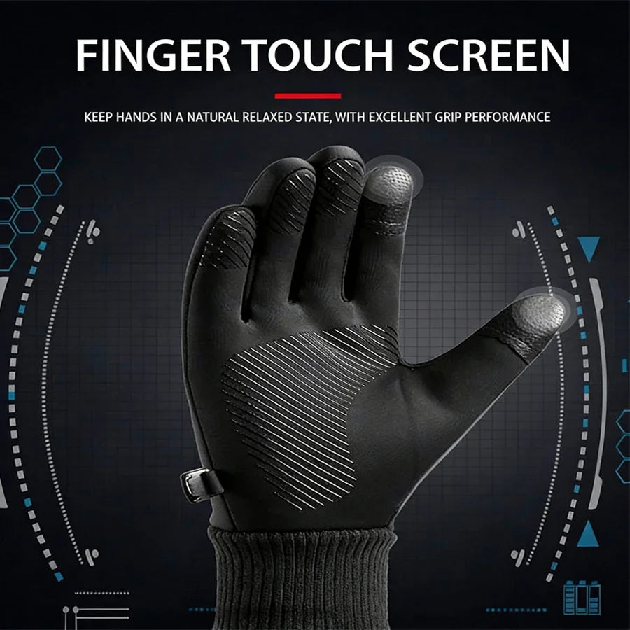 A black finger touch screen glove is shown against a dark background with technical grid patterns.