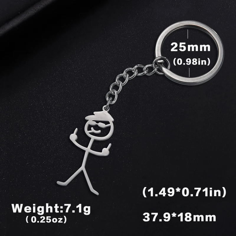 Silver keychain featuring a stickman making the middle finger gesture
