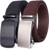 A close-up of a black tactical canvas utility belt with a silver buckle and a brown woven strap.