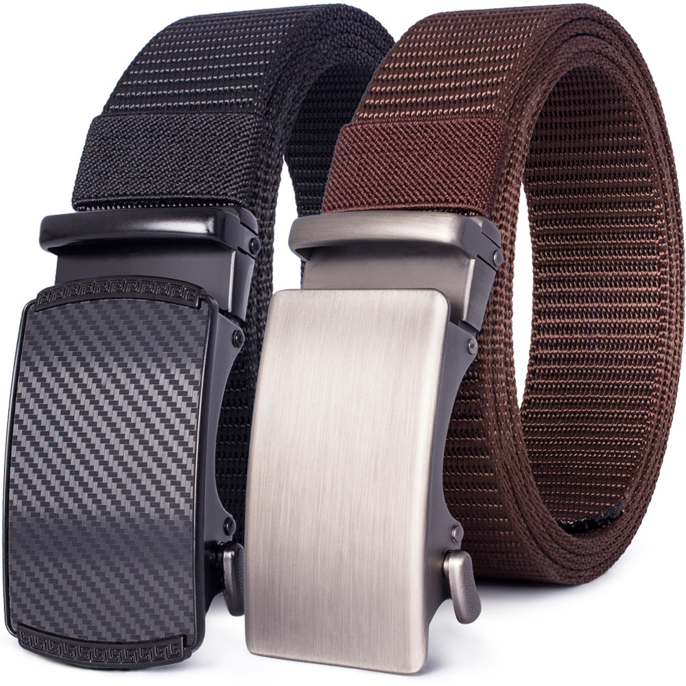 A close-up of a black tactical canvas utility belt with a silver buckle and a brown woven strap.